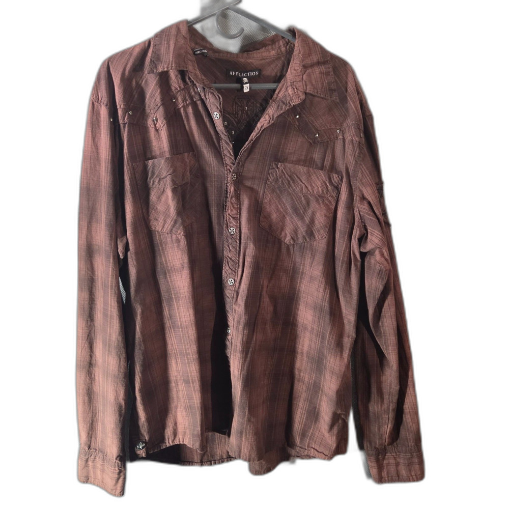 Affliction Men's XXL Button Down Shirt Brown Plaid Metal Buttons Embroidery